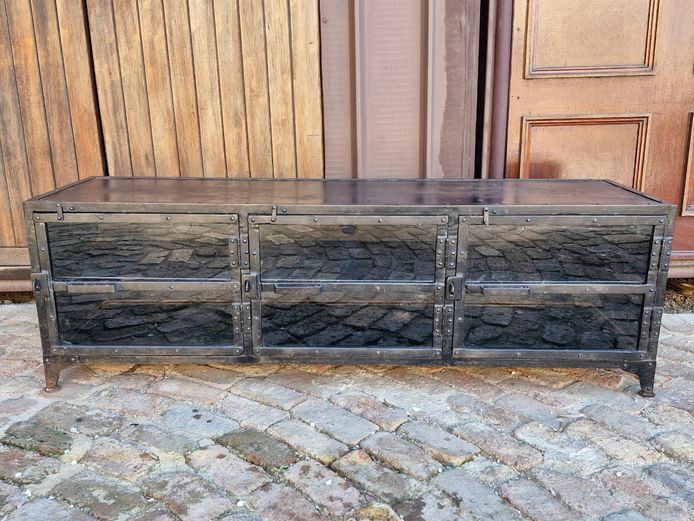 Brutalist Industrial Iron & Glass Three-Door Media Console