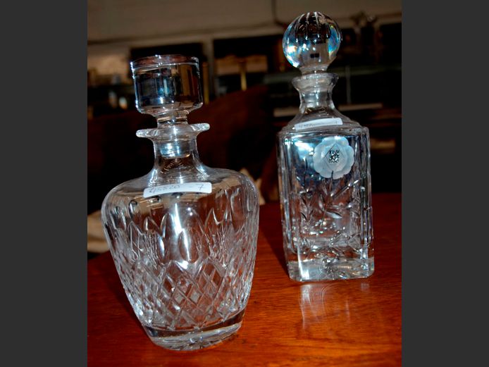 LOT OF 2: CRYSTAL DECANTERS WITH STOPPERS, 28cm High & 22cm High