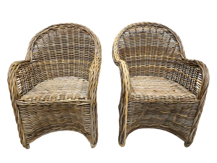 Pair of Vintage Handwoven Wicker Tub Chairs / Accent Armchairs