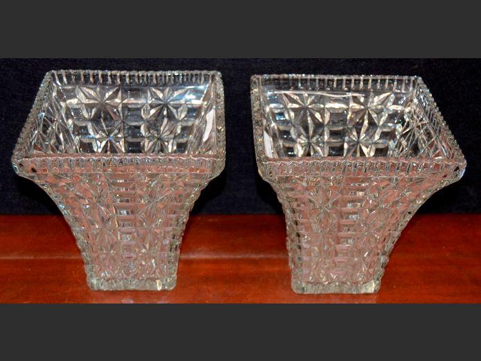 PAIR CUT GLASS VASES, 18.5 x 18.5 x 9cm