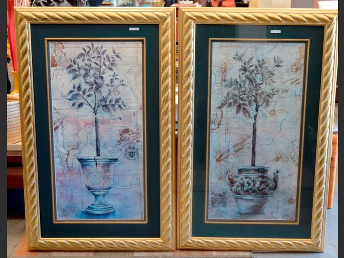 PAIR GILT FRAMED PRINTS "TREES IN POT", 87 x 43cm