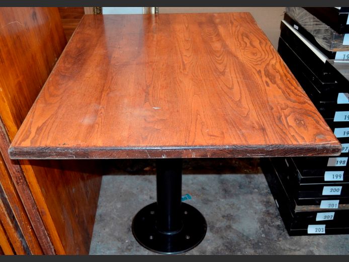 OAK RESTAURANT TABLE ON STEEL BASE, 100 x 75 x 75cm [Top needs attaching, floor mounted]