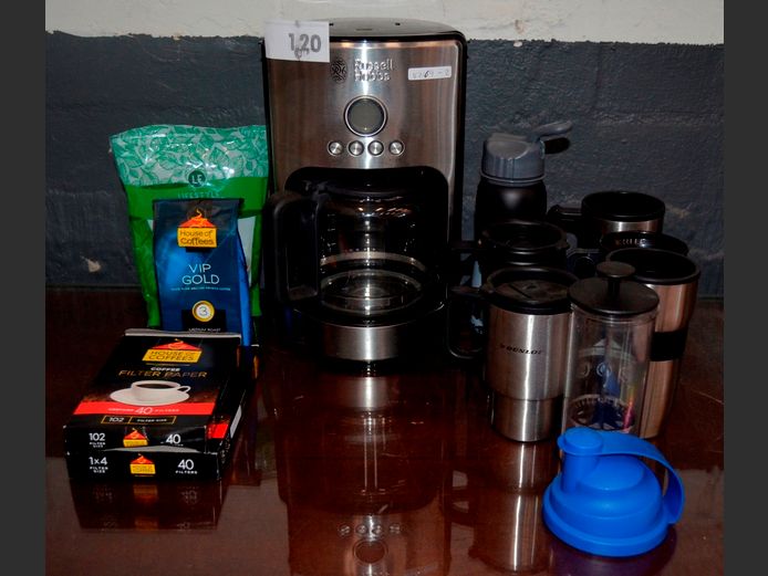 RUSSELL HOBBS COFFEE MACHINE, FILTERS, THERMAL MUGS, etc [Switches on, untested further]