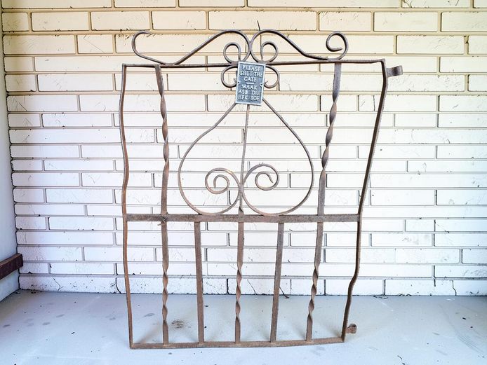 Vintage Wrought Iron Garden Gate with Bilingual Sign