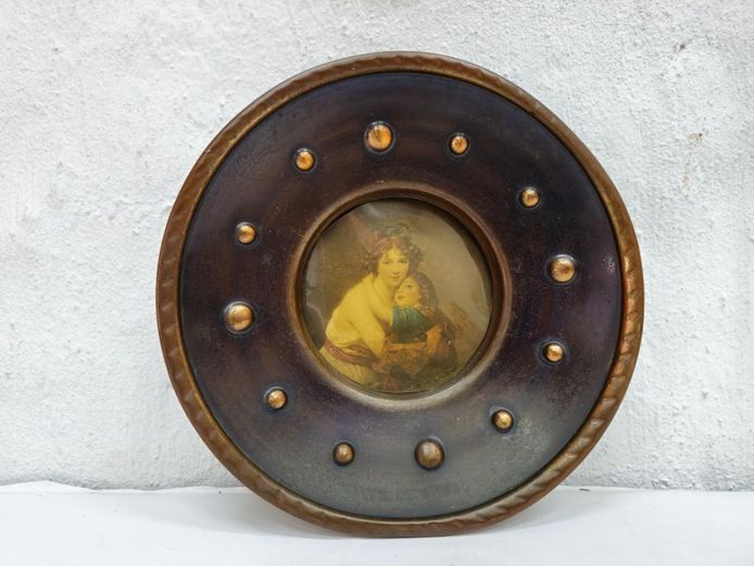 Antique Vigée Le Brun Miniature Portrait in Studded Metal Frame