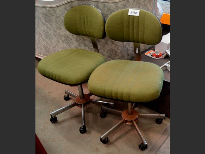 PAIR MID-CENTURY GREEN SWIVEL TYPIST'S CHAIRS [Rust to bases]
