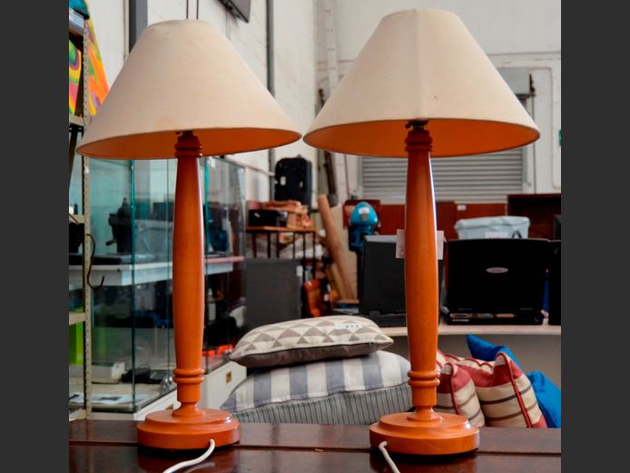 PAIR YELLOWWOOD LAMPS WITH SHADES, 55cm high