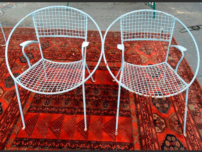 PAIR MID-CENTURY METAL MESH PATIO ARMCHAIRS