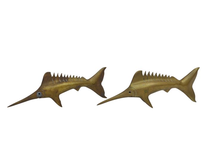 Pair of Mid-Century Modern Stylized Solid Brass Marlin Figurines
