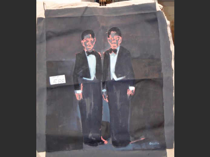 UNFRAMED OIL ON CANVAS "MEN IN SUITS", 61 x 3cm