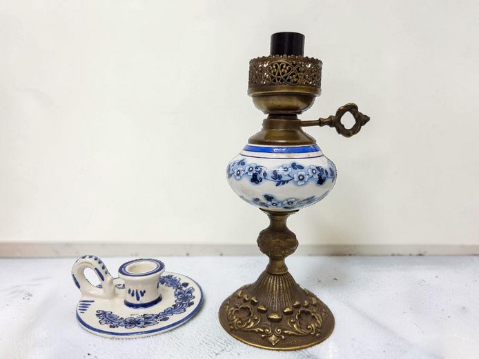 Vintage Delft Holland Hand-Painted Candlestick & Brass Porcelain Oil Lamp