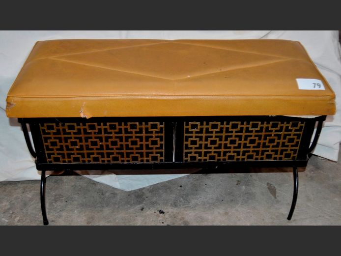 METAL & BROWN VINYL UPHOLSTERED STOOL WITH STORAGE SPACE, 85 x 33 x 49cm [Vinyl needs replacing]
