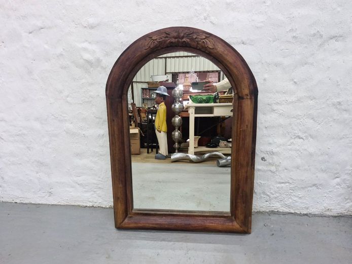 Mid-Century Arched Wood Wall Mirror with Hand-Carved Floral Leaf Crest