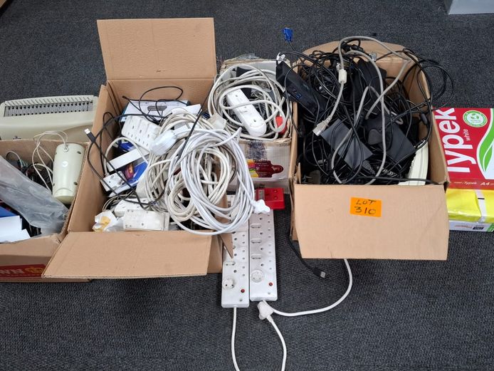 Various office cables, keyboards, binder etc