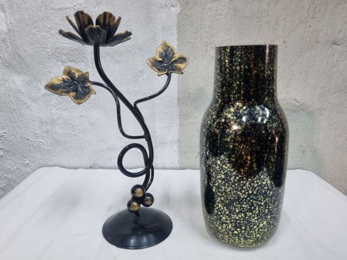 Wrought Iron Candelabra and Mottled Glass Vase Set