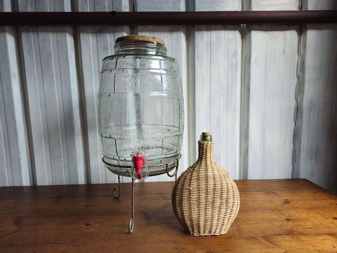Large Vintage Glass Dispenser & Rattan Wrapped Bottle