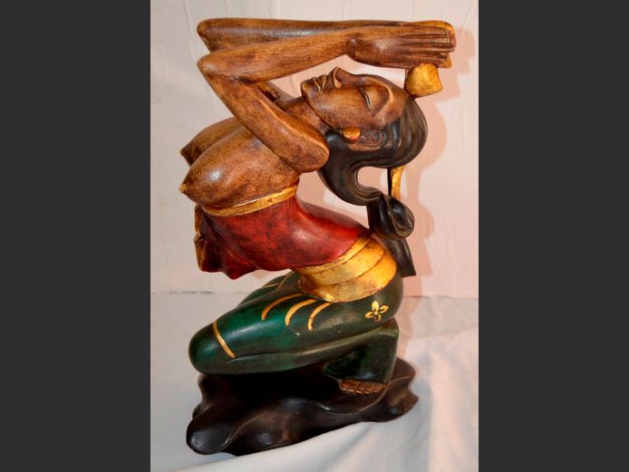 INDONESIAN CARVED & HAND PAINTED FIGURE OF A WOMAN PRAYING, 40cm High