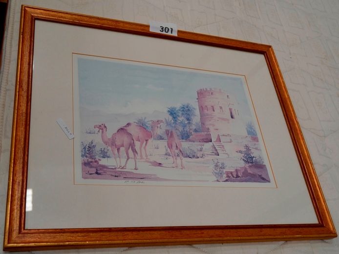 GILT FRAMED PRINT "CAMELS" SIGNED D. WEGERA, 38.5 x 26.5cm