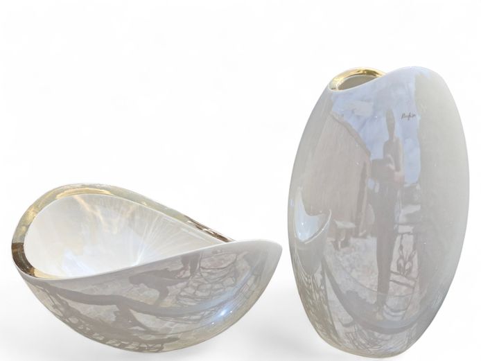  Vintage Italian Pearl White Carpie Ceramic Vase & Teardrop Bowl