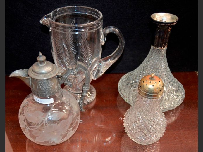 CUT GLASS & SILVER PLATE CLARET JUG, GLASS SUGAR SHAKER, JUG [Cracked] & WINE DECANTER [No stopper]