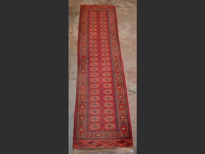 BURGUNDY, BLUE & BEIGE PERSIAN RUNNER, 255 x 68cm