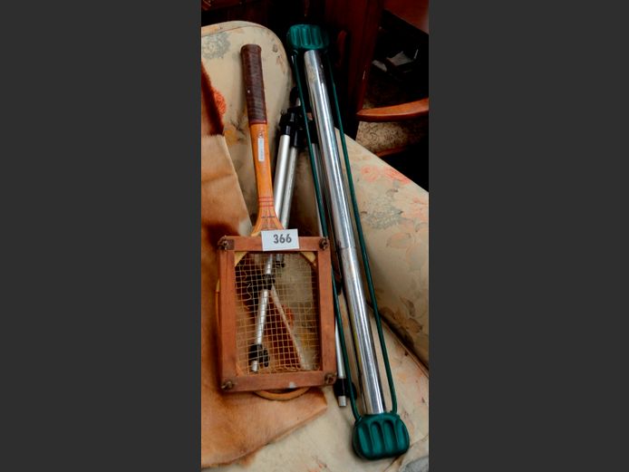 AMMO BOX WITH CONTENTS, MONOPOLY, SQUASH RACQUET, TRIPOD, etc