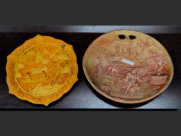 ORIENTAL RESIN DECORATIVE PLATE & AN NATIVE AMERICAN DECORATIVE PLATE, 30.5 x 26cm & 24cm Diameter