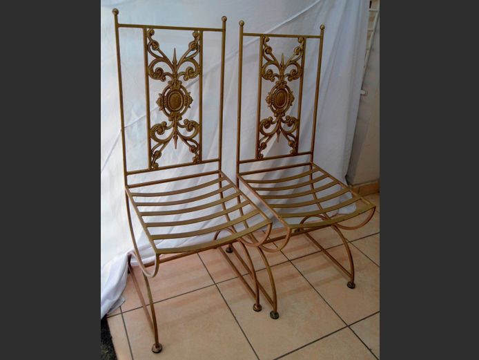 PAIR PAINTED METAL CHAIRS WITH CUSHIONS