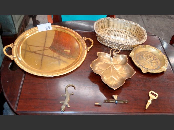 BRASS PLATED TWIN HANDLED TRAY, BRASS LEAF SHAPED SNACK BOWL, etc