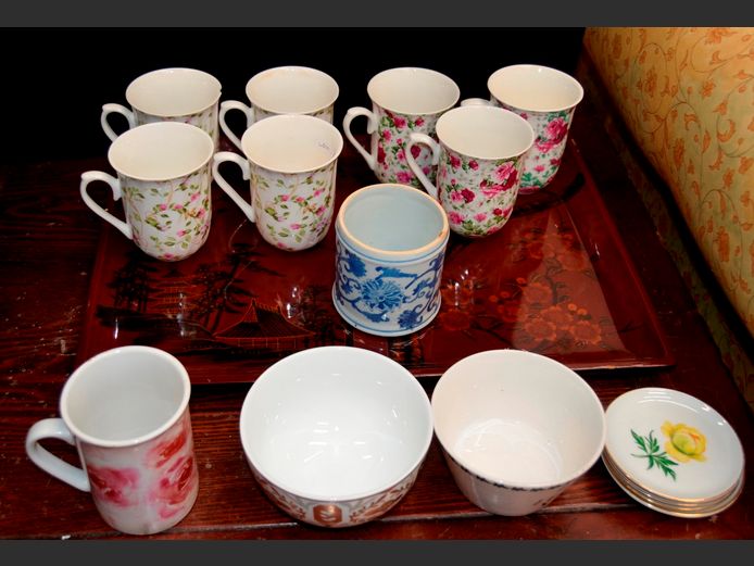 VINTAGE JAPANESE RED LACQUERED TRAY, BOWLS, MUGS, etc