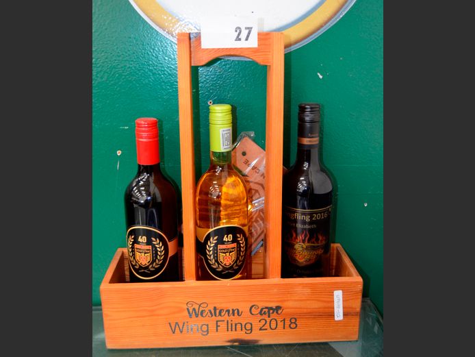 "GOLDWING RIDERS" PINE CADDY WITH RED & WHITE WINE, 35 x 11 x 42cm [Condition of contents unknown]