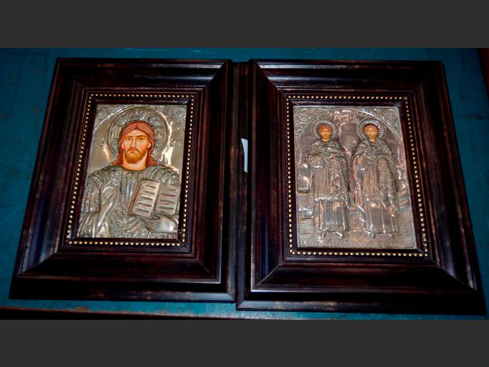 PAIR FRAMED HALLMARKED SILVER CLAD BIBLICAL SCENES, 18 x 12cm & 18.5 x 13.5cm