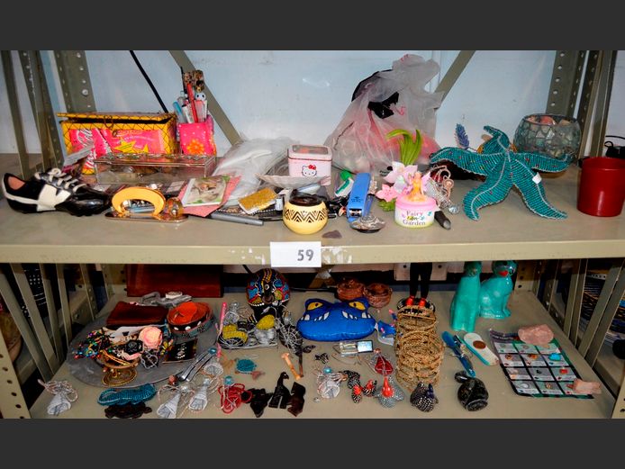 LOT ON 2 SHELVES: PEWTER PLATE, ORNAMENTS, WALLETS, etc