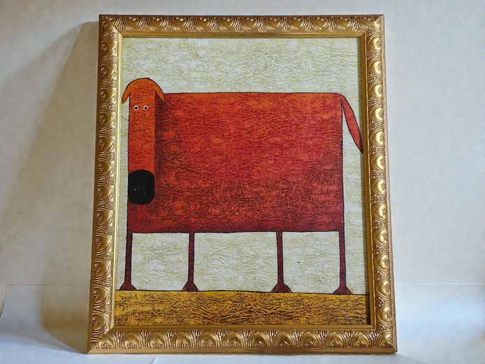 Textured Whimsical Abstract Spotted Dog Painting Framed