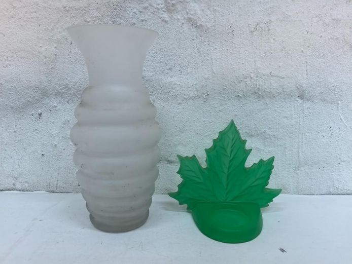 Vintage Frosted Glass Vase & Green Leaf Tealight Candle Holder