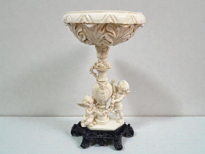 Ornate Neoclassical Cherub Compote on Scrolled Pedestal Base