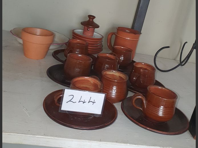 LOT: BROWN STONEWARE DEMITASSE CUPS, SAUCERS, etc