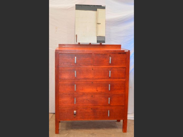 TEAK 2-OVER-4 CHEST OF DRAWERS WITH MIRROR ATTACHED, 91 x 44 x 164cm [1 Handle mismatched]