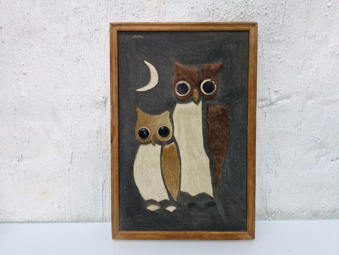Framed Animal Hide Owl Folk Art Piece