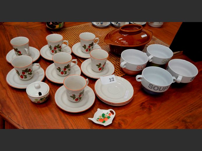 NEWCOVER CUPS & SAUCERS, SOUP MUGS, STONEWARE CASSEROLE, etc