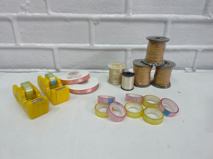 Assorted Craft & Packaging Lot: Tape Dispensers, Ribbon, & Cord