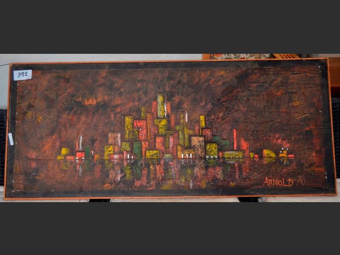 FRAMED ABSTRACT "CITY & RIVER" BY ARNOLD, 116 x 45cm
