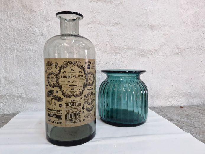 Decorative Glass Bottles – Vintage Style Label & Blue Vase Pair