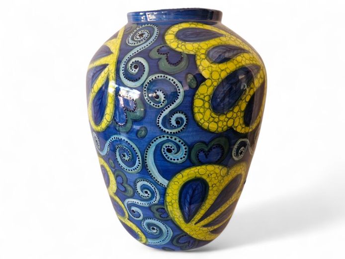Large Vibrant Blue Ceramic Vase with Yellow Accents
