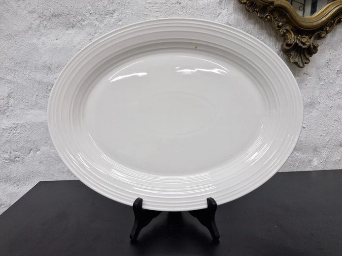 Large White Oval Ceramic Ribbed Serving Platter Dish