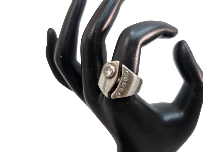 Sterling Silver Asymmetric Open-Front Ring with Bezel-Set Stone