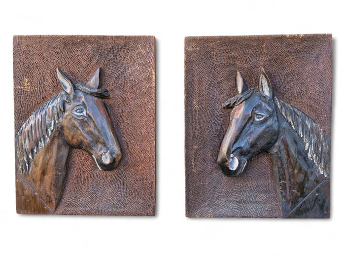 Mid-Century Hand Carved Wood Horse Head Plaques