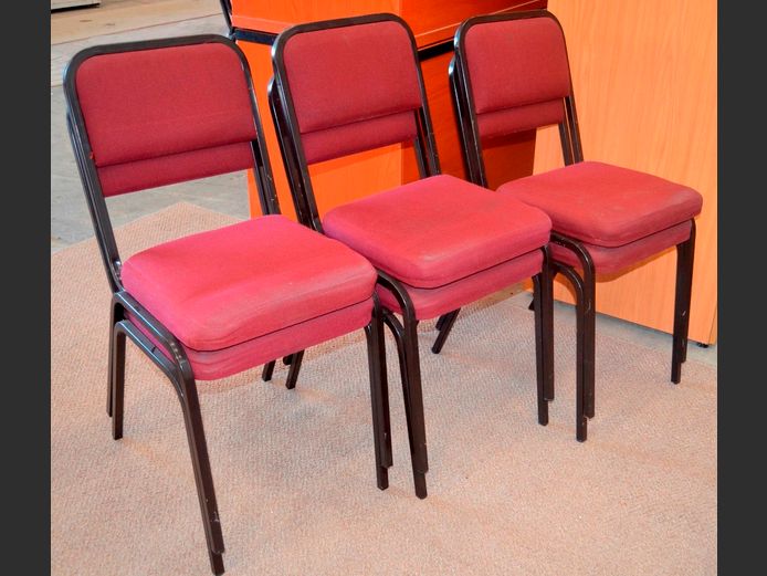 SET OF 6 BURGUNDY UPHOLSTERED STACK CHAIRS [Need a clean]
