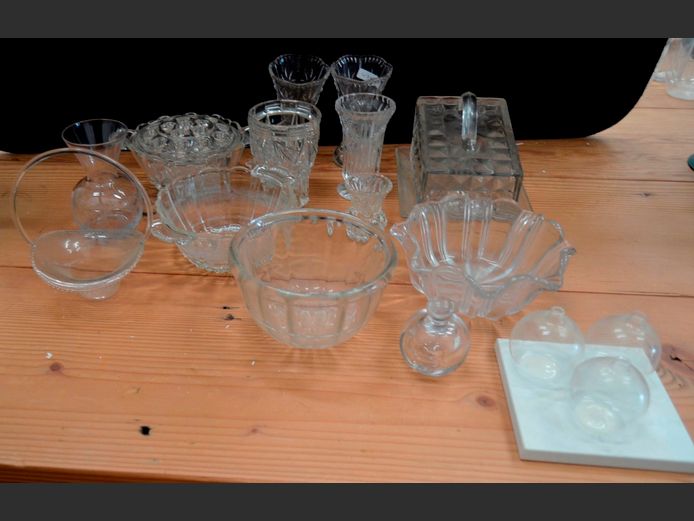 VINTAGE FROG BOWL, CUT GLASS BUD VASES, GLASS BUTTER DISH, etc