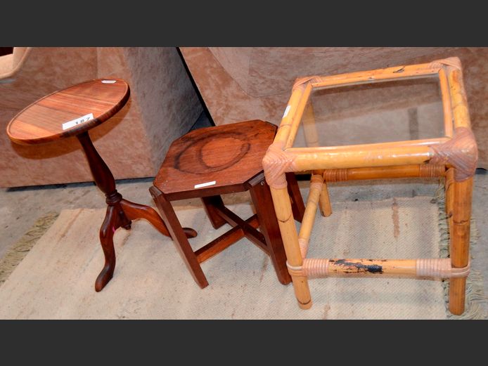 JONKERS OF KNYSNA, BLACKWOOD CIRCULAR SIDE TABLE, 30cm Diamter x 46cm High, CANE GLASS TOP SIDE TABLE, 35 x 35 x 40cm, & ANOTHER, 27 x 27 x 31cm